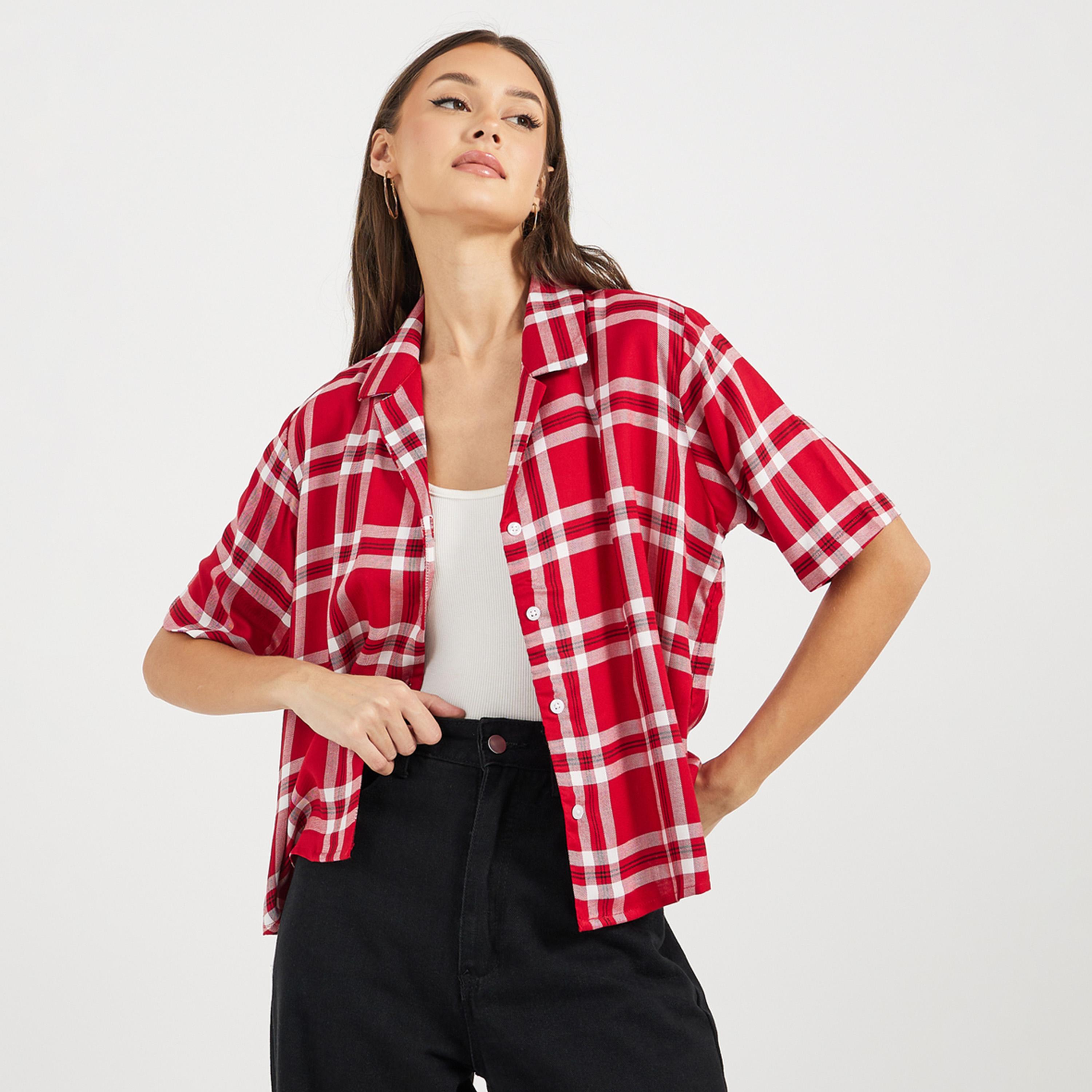 Styli Checked Loose Fit Short Sleeve Shirt-women-clothing-shirtsandblouses-shirts-image-3