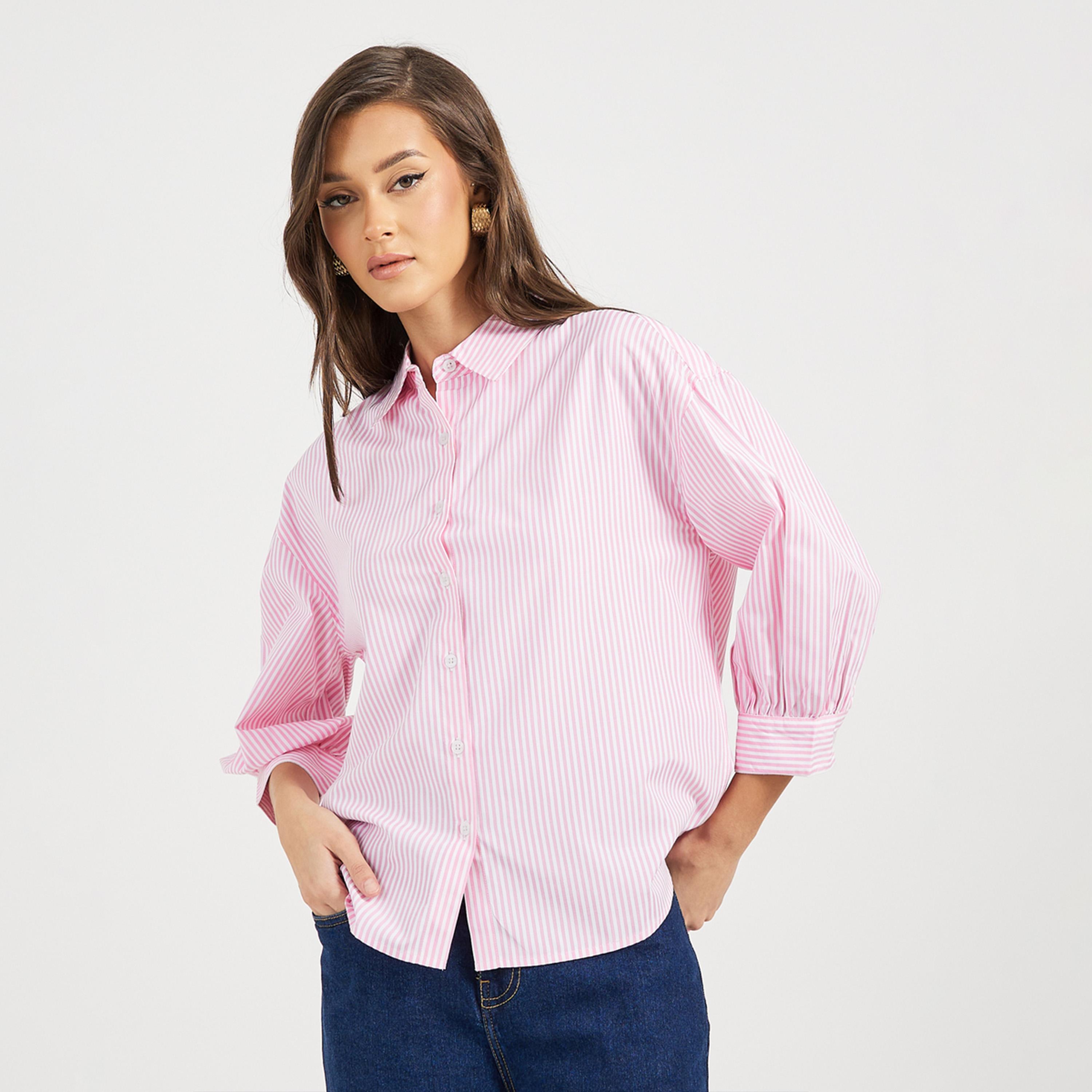 ستايلي - قميص مخطط بأزرار وأكمام منفوخة بطول 3/4-women-clothing-shirtsandblouses-shirts-image-1