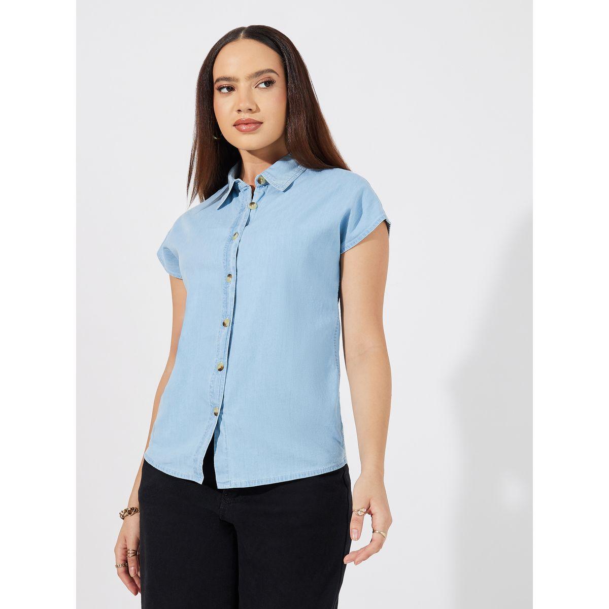 Styli Solid Denim Extended Sleeves Shirt-women-clothing-shirtsandblouses-shirts-image-3