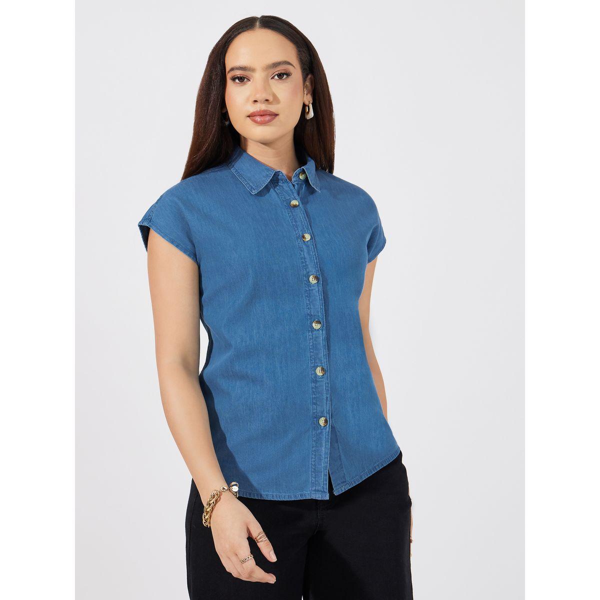 Styli Solid Denim Extended Sleeves Shirt-women-clothing-shirtsandblouses-shirts-image-3