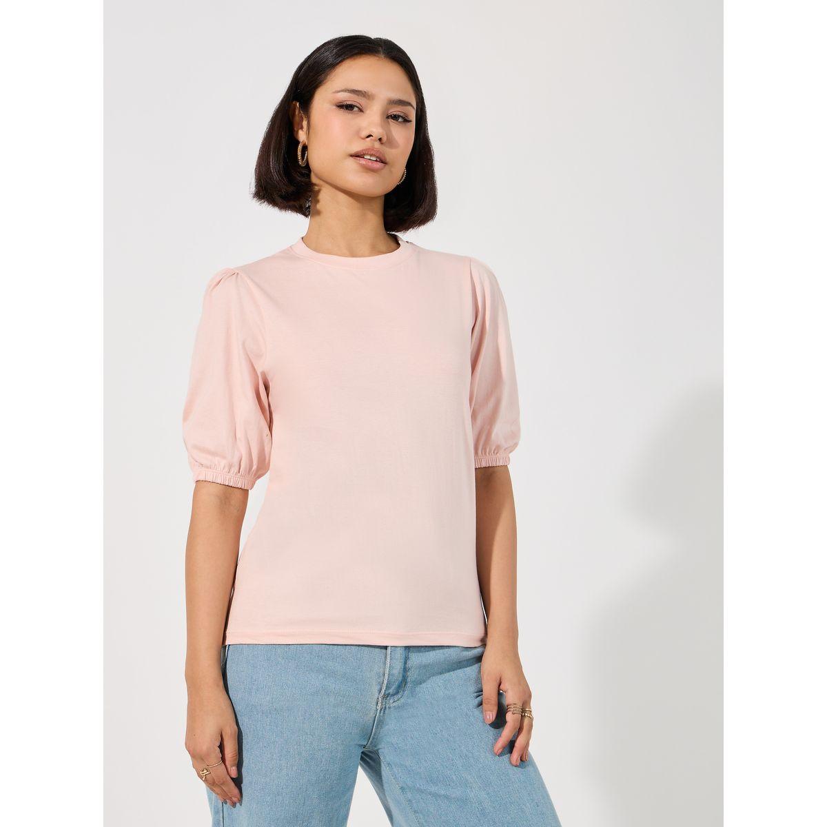 Styli Solid Round Neck Top with Puff Sleeves-women-clothing-shirtsandblouses-blouses-image-1