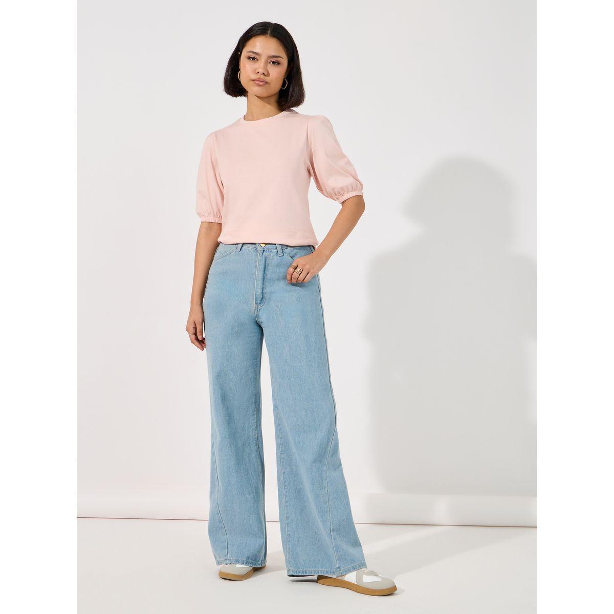 Styli Solid Round Neck Top with Puff Sleeves-women-clothing-shirtsandblouses-blouses-image-2