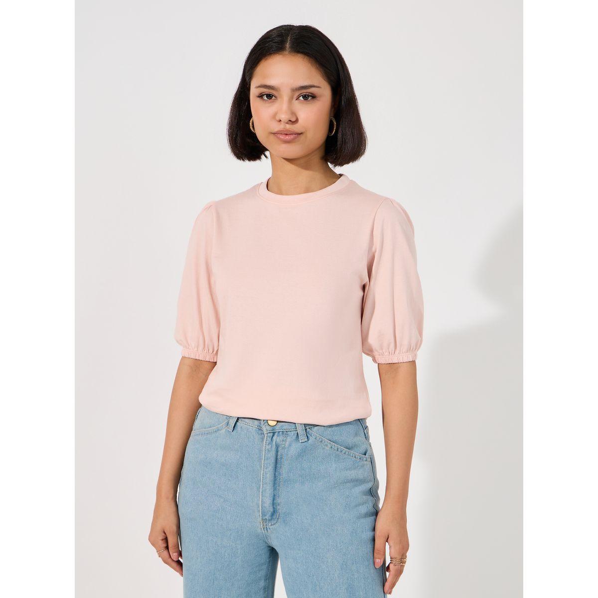 Styli Solid Round Neck Top with Puff Sleeves-women-clothing-shirtsandblouses-blouses-image-4