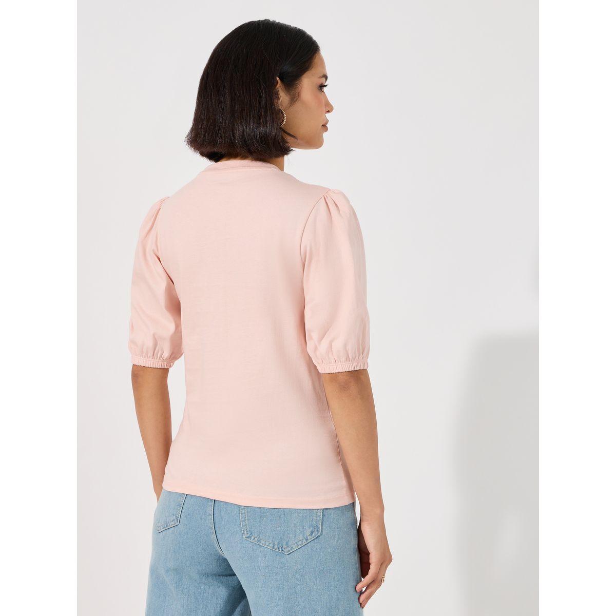 Styli Solid Round Neck Top with Puff Sleeves-women-clothing-shirtsandblouses-blouses-image-5