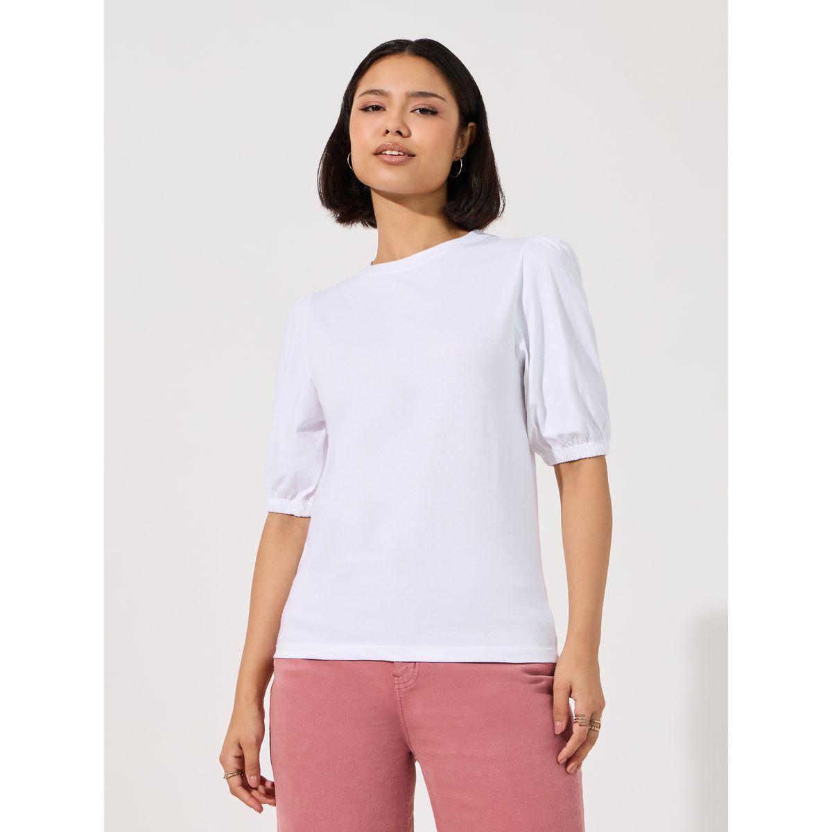 Styli Solid Round Neck Top with Puff Sleeves-women-clothing-shirtsandblouses-blouses-image-1