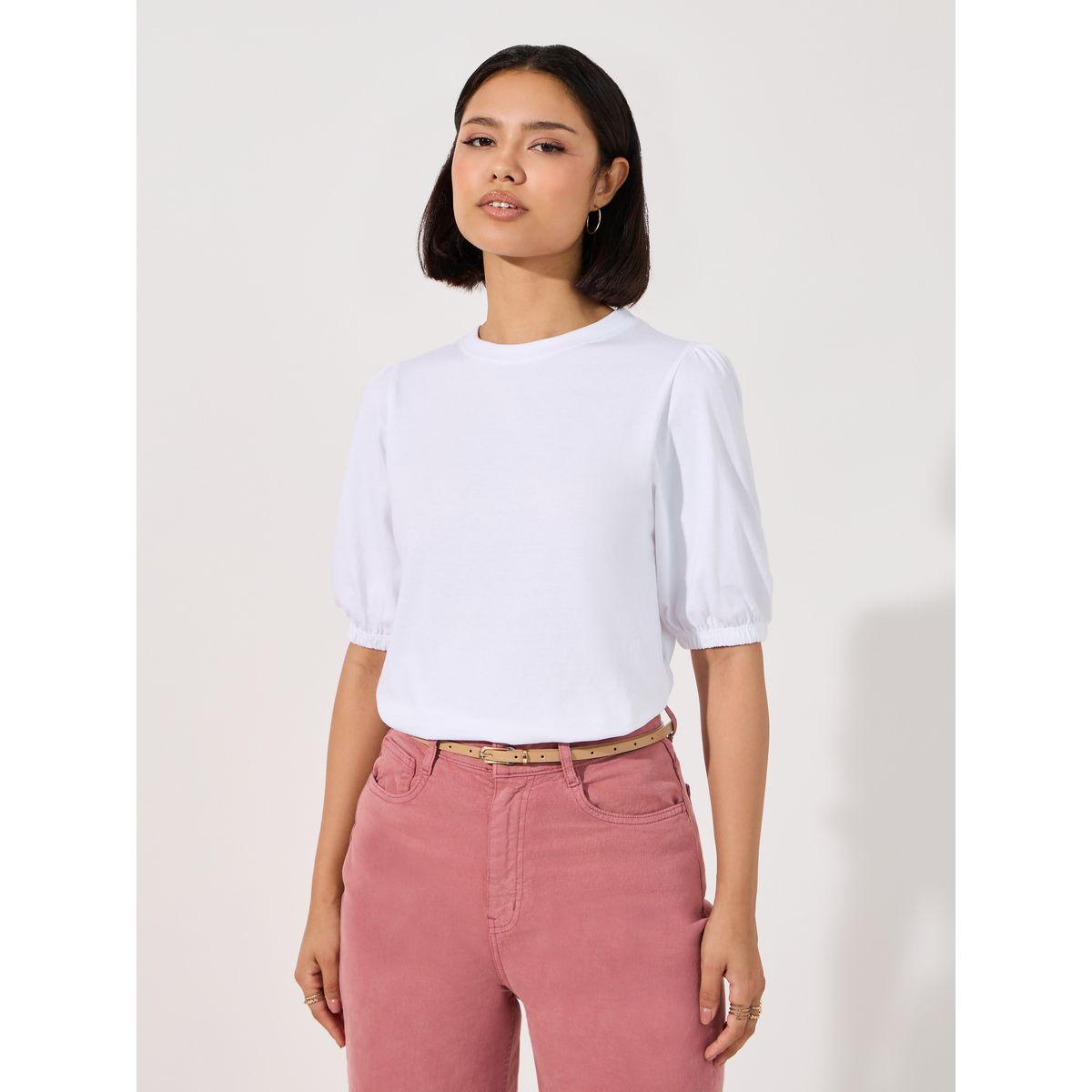 Styli Solid Round Neck Top with Puff Sleeves-women-clothing-shirtsandblouses-blouses-image-3