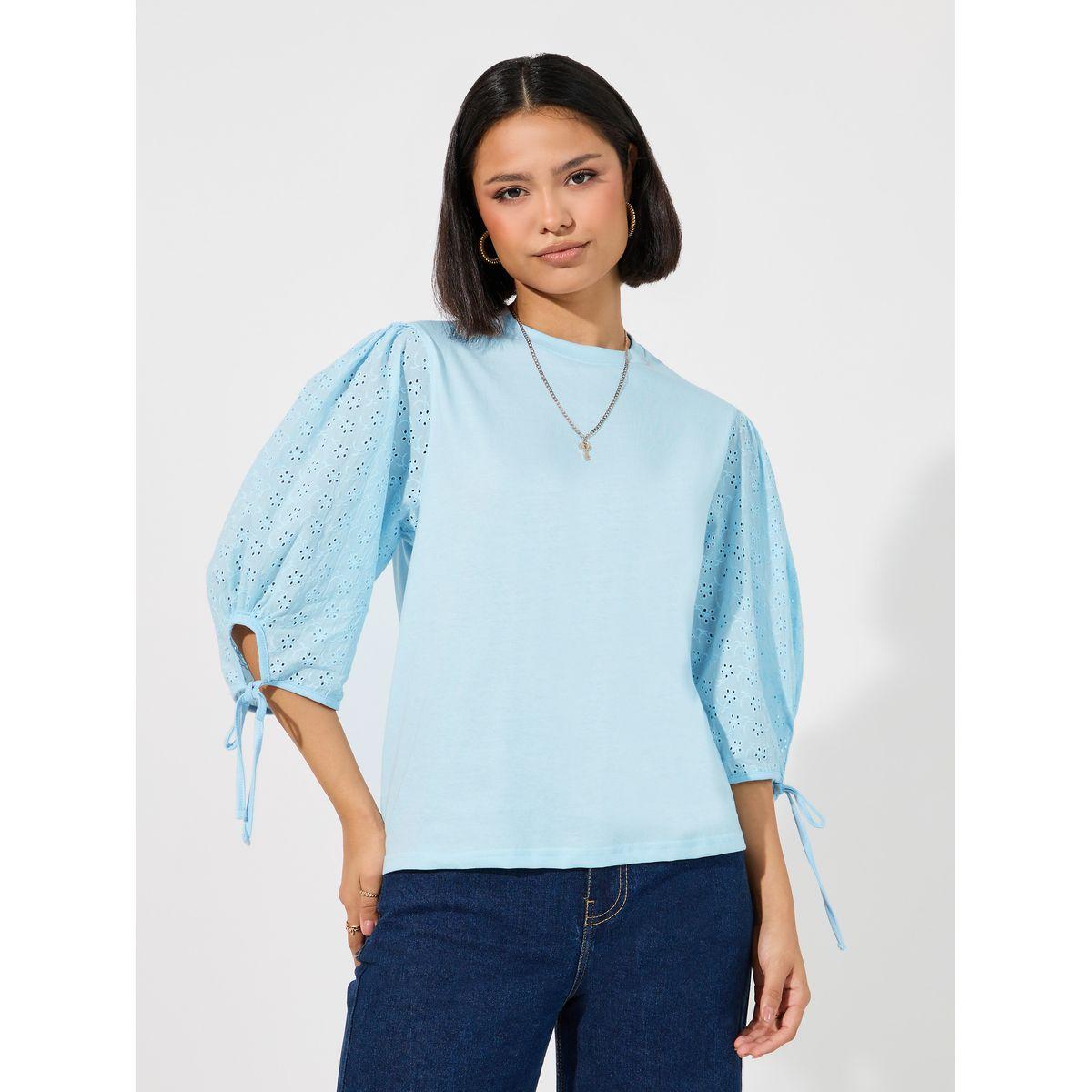 Styli Broderie Volume Sleeves Top with Tie Cuff Detail-women-clothing-shirtsandblouses-blouses-image-1