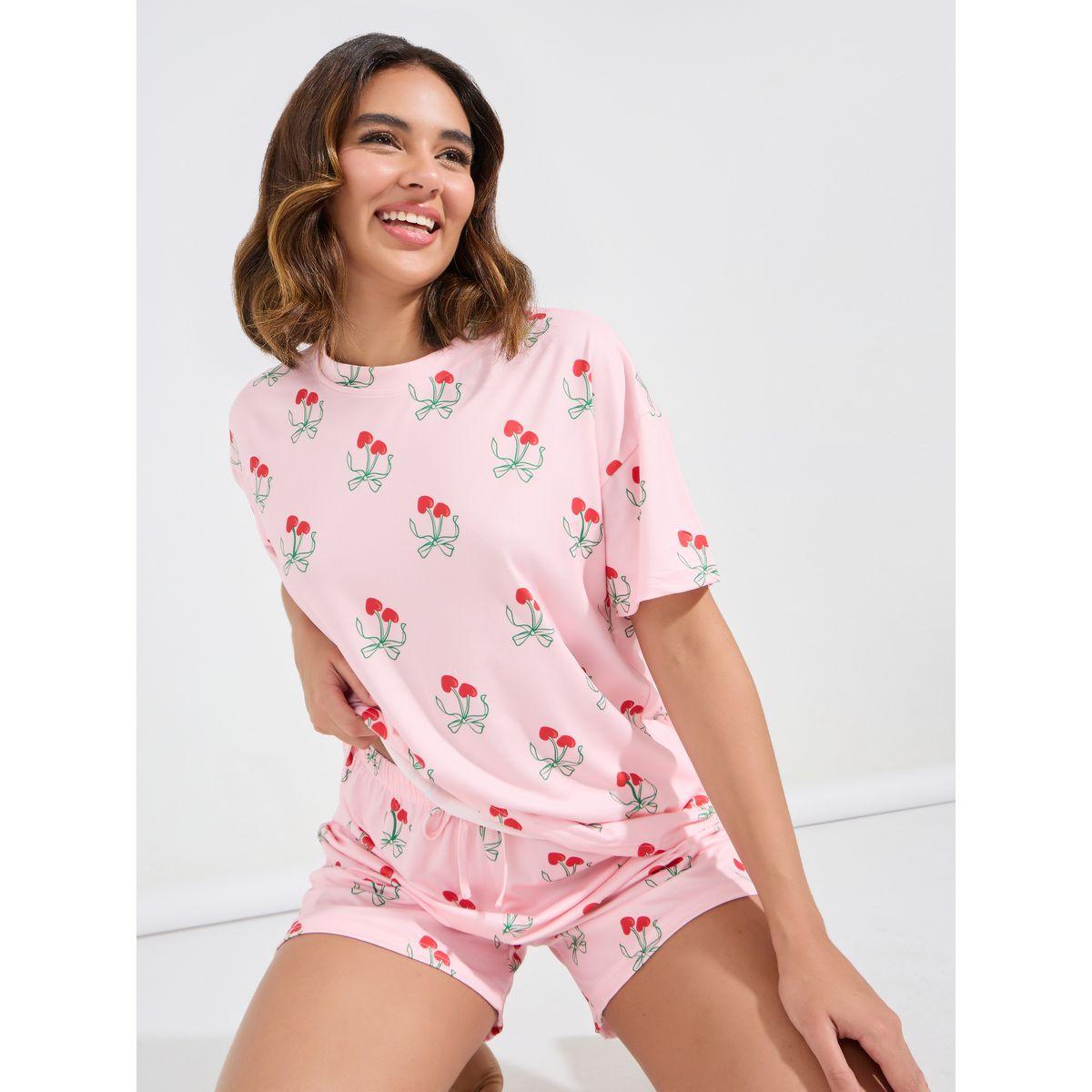 Styli Unwind AOP Cherry Drop Shoulder T-Shirt & Short Set-women-clothing-nightwear-pyjamas-shortsets-image-2