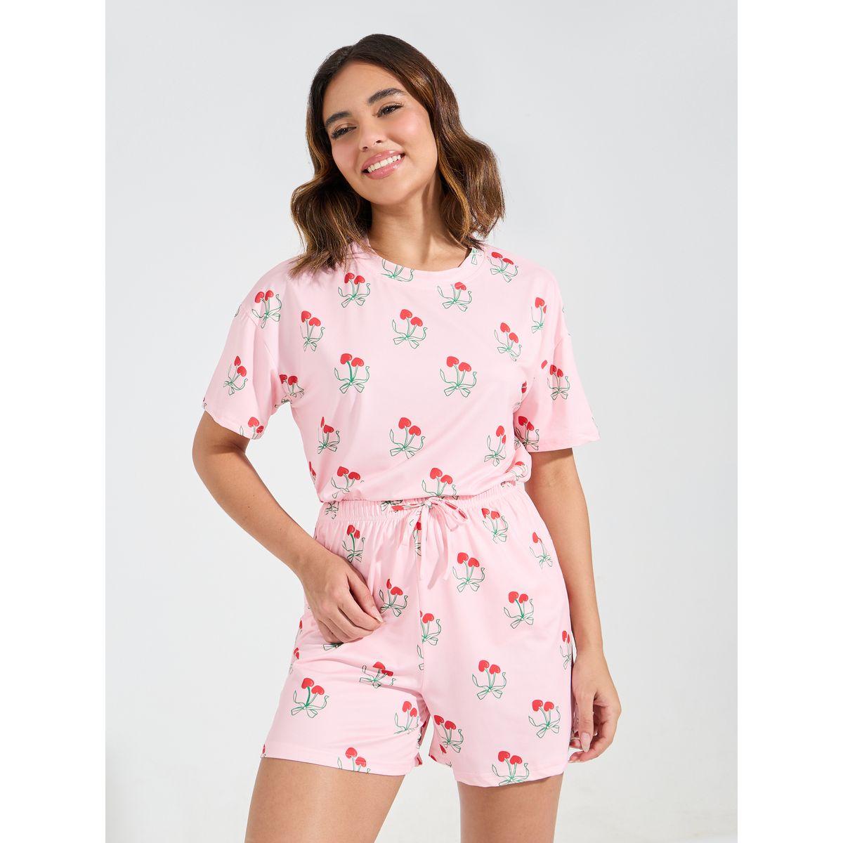 مجموعة من شورت مع تيشيرت مطبع بالكامل-women-clothing-nightwear-pyjamas-shortsets-image-3