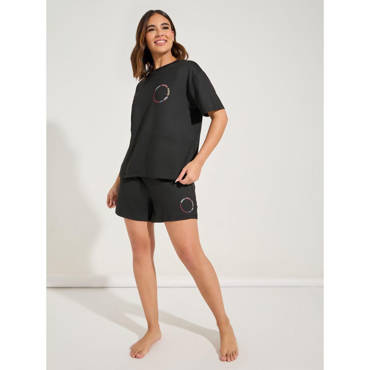 Styli Unwind Circle Slogan T-Shirt & Short Set-women-clothing-nightwear-pyjamas-shortsets-image-1