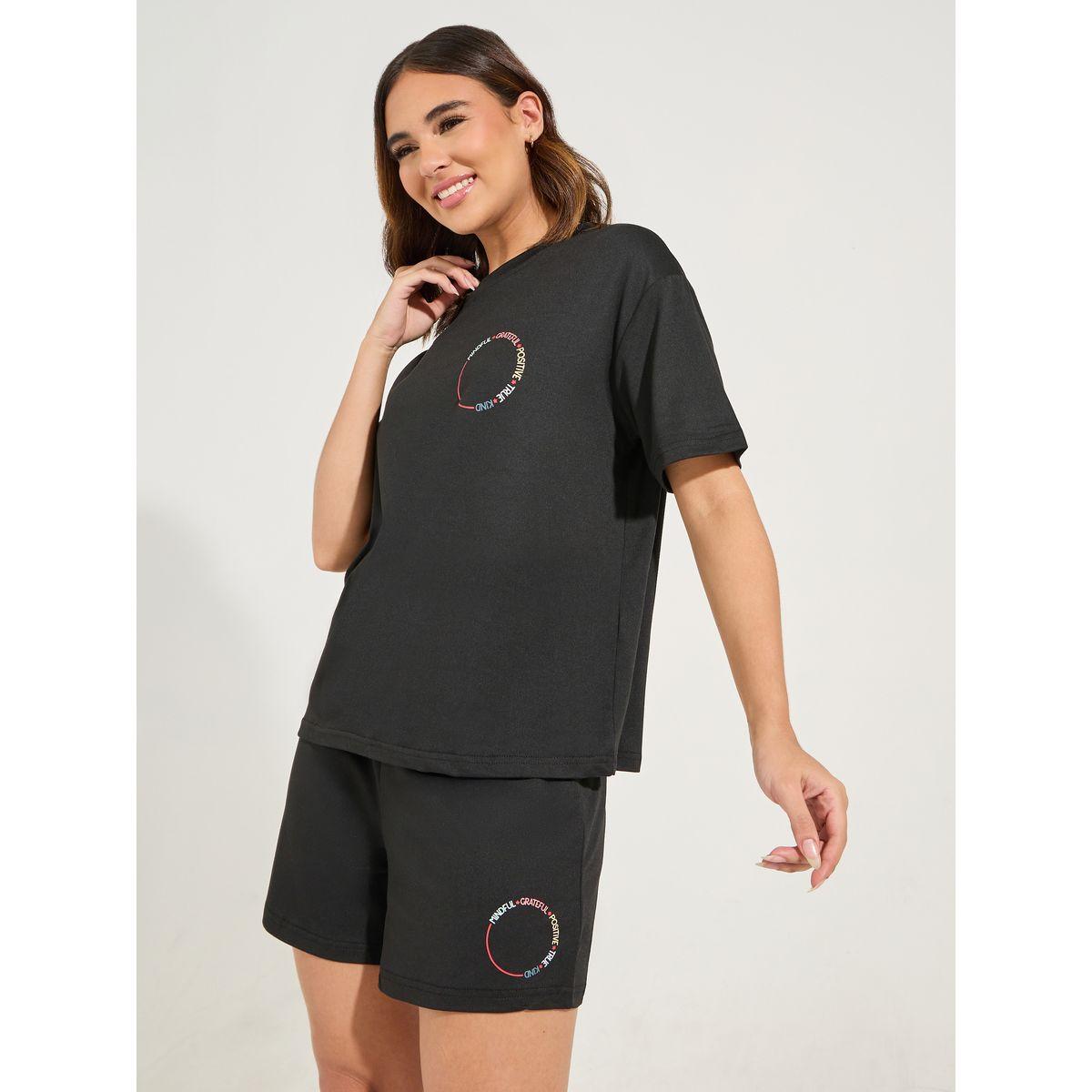 Styli Unwind Circle Slogan T-Shirt & Short Set-women-clothing-nightwear-pyjamas-shortsets-image-2