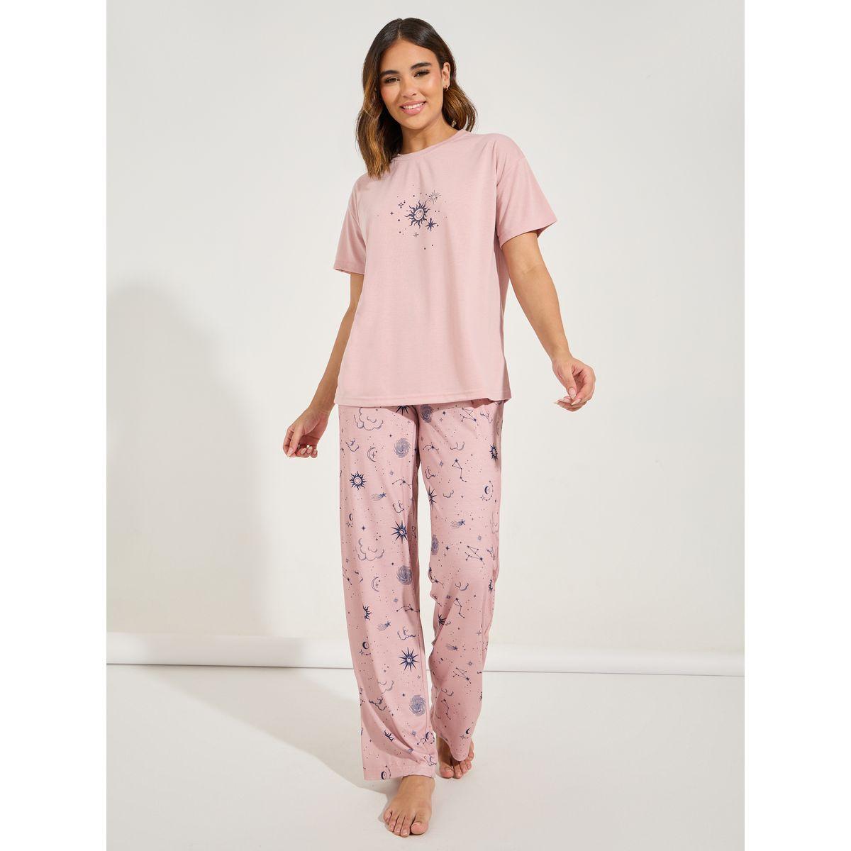 Styli Unwind Astrology Print Dropped Shoulder T-Shirt & Pyjama Set-women-clothing-nightwear-pyjamas-longsets-image-1