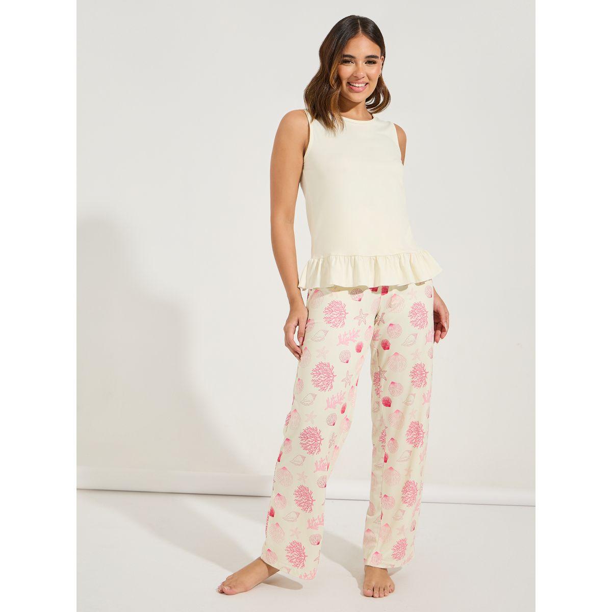 Styli Unwind Ruffle Hem T-Shirt & Shell Print Pyjama Set-women-clothing-nightwear-pyjamas-longsets-image-1
