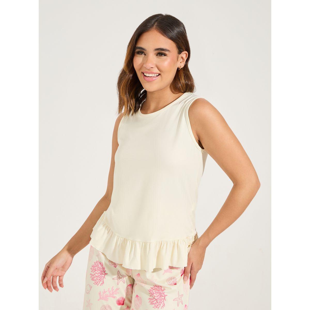 Styli Unwind Ruffle Hem T-Shirt & Shell Print Pyjama Set-women-clothing-nightwear-pyjamas-longsets-image-2