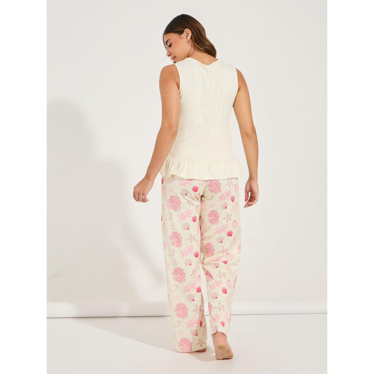 Styli Unwind Ruffle Hem T-Shirt & Shell Print Pyjama Set-women-clothing-nightwear-pyjamas-longsets-image-6