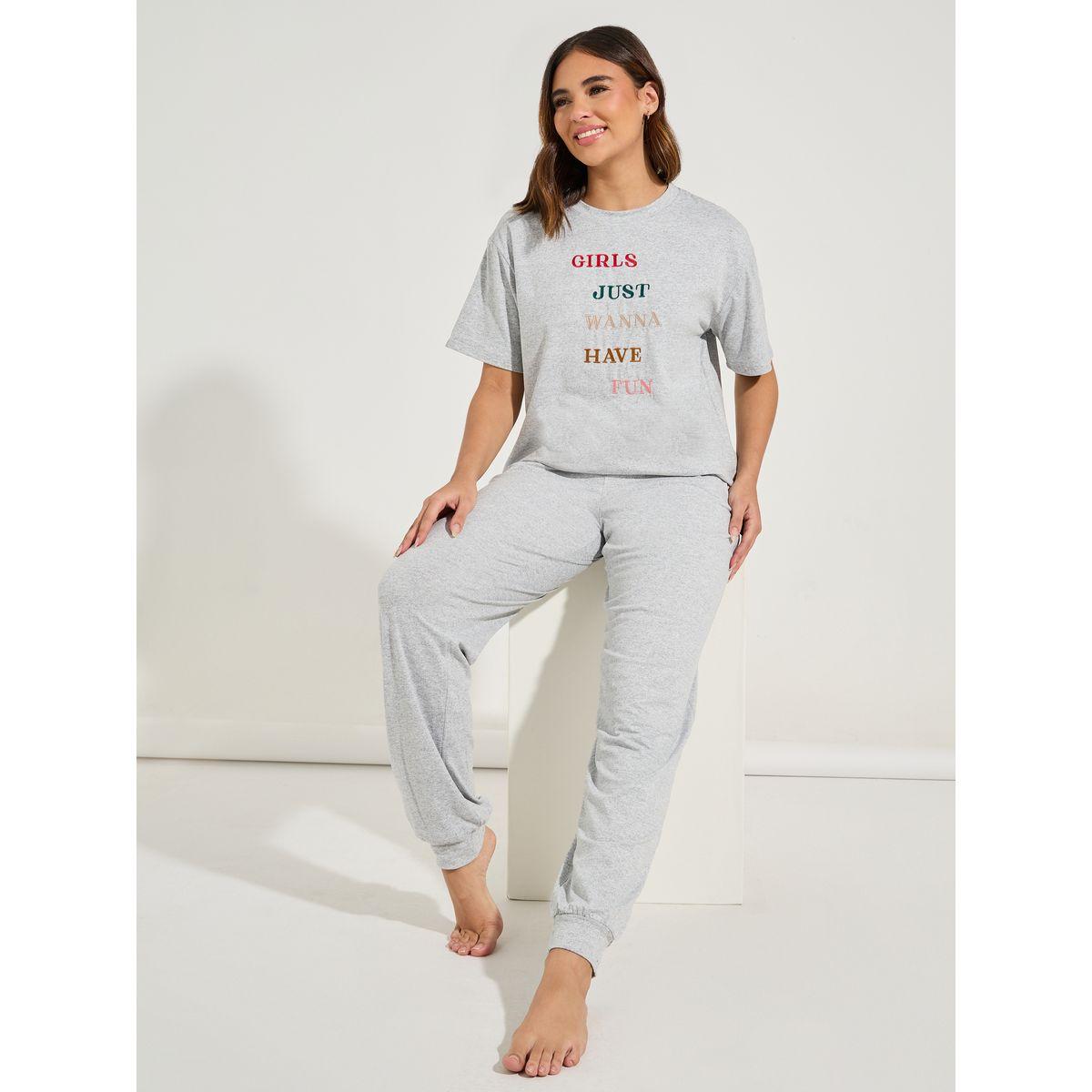 Styli Unwind Embroidered Slogan T-Shirt & Cuffed Pyjama Set-women-clothing-nightwear-pyjamas-longsets-image-1