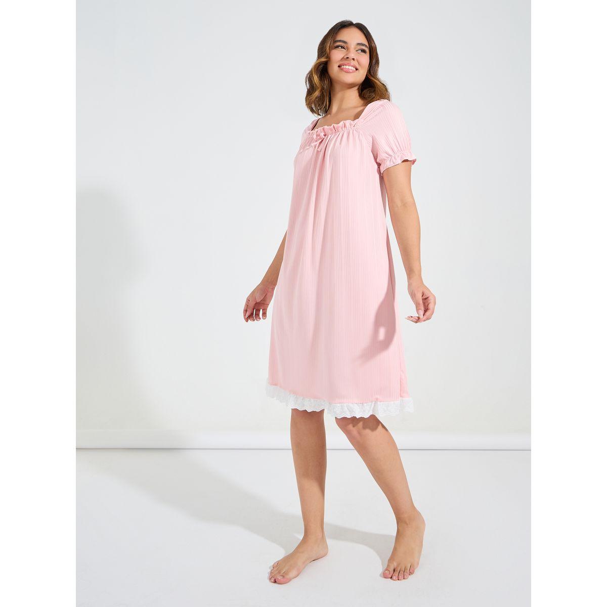 Styli Unwind Rib Lace Trim Bow Detail Knee Length Nightdress-women-clothing-nightwear-nighties-image-1