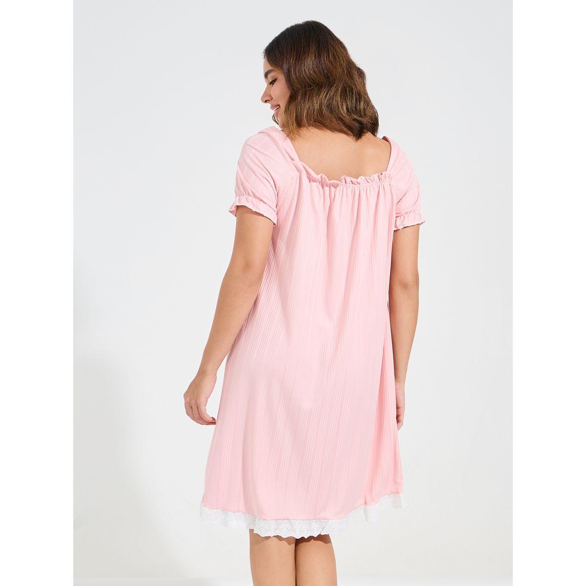 Styli Unwind Rib Lace Trim Bow Detail Knee Length Nightdress-women-clothing-nightwear-nighties-image-4