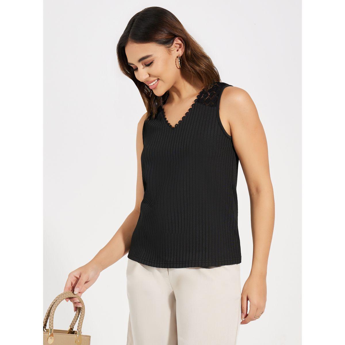 Causey X Styli  Lace Insert V Neck Knit Top-women-clothing-tshirts-image-1
