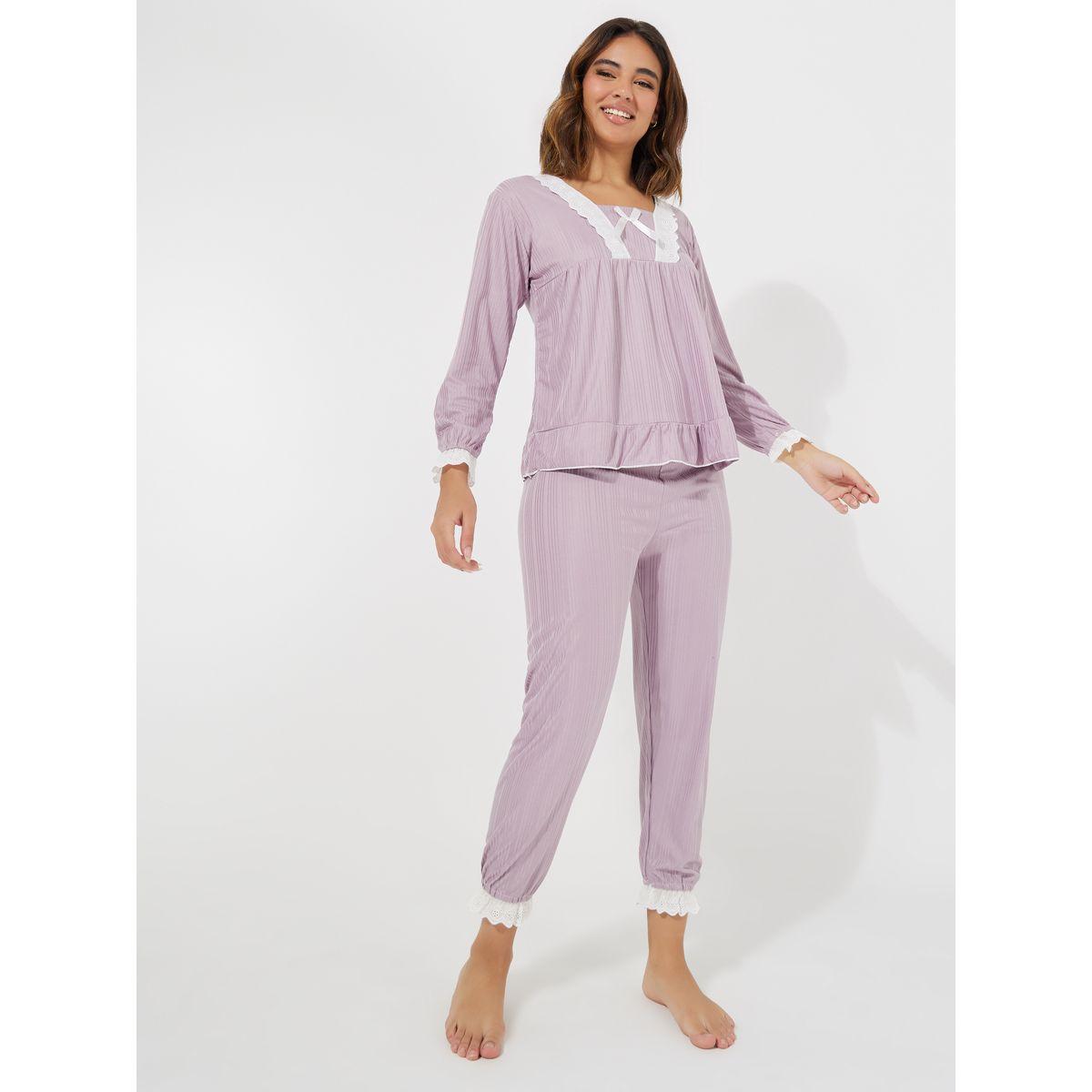 Styli Unwind Contrast Lace Trim Top & Lace Cuffed Pyjama Set-women-clothing-nightwear-pyjamas-longsets-image-1