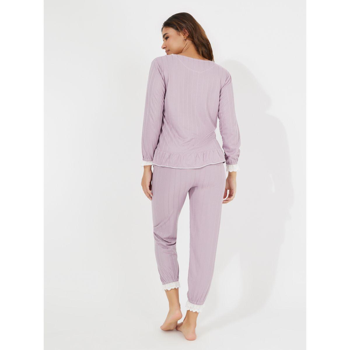 Styli Unwind Contrast Lace Trim Top & Lace Cuffed Pyjama Set-women-clothing-nightwear-pyjamas-longsets-image-4