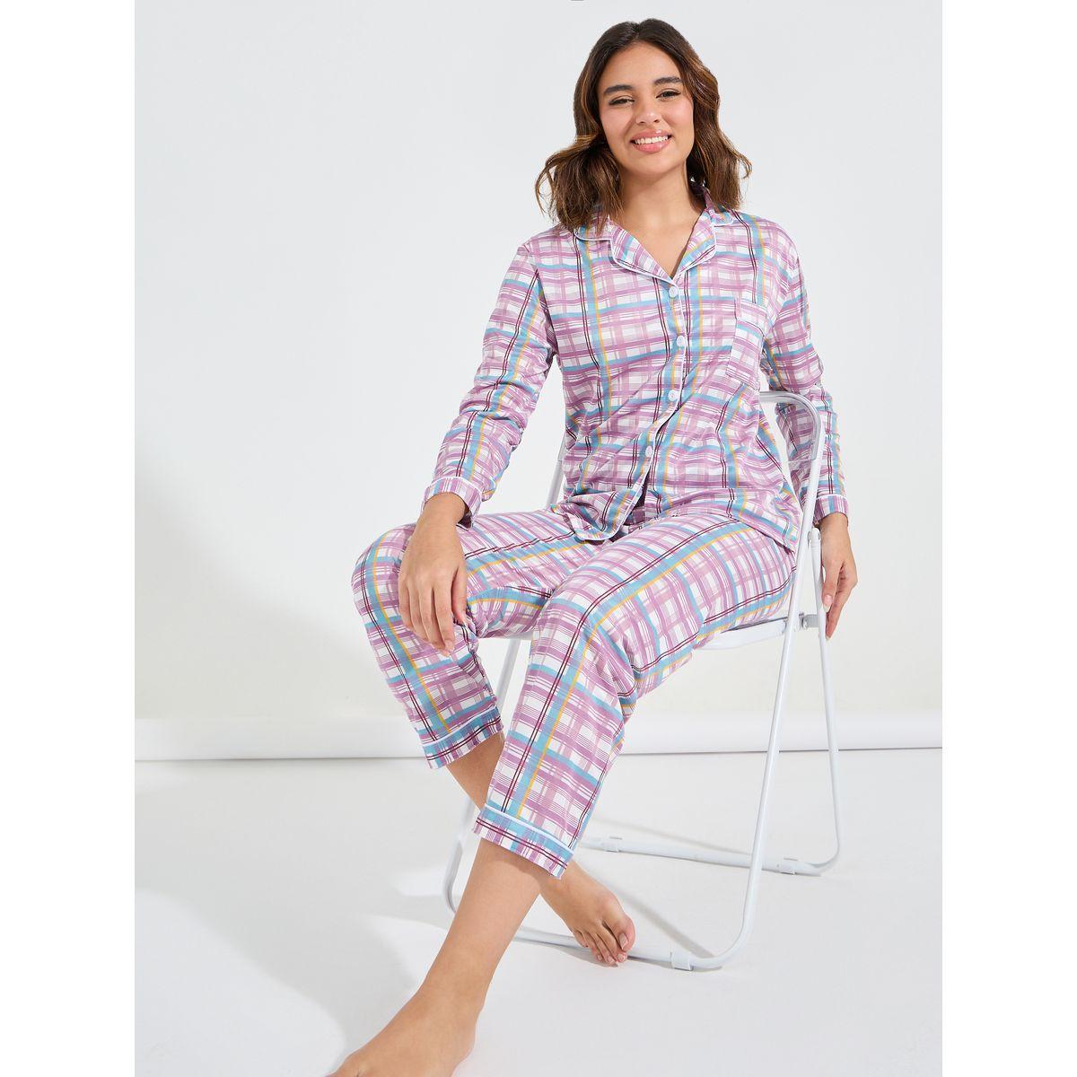Styli Unwind Checked Piped Button Through Shirt & Pyjama Set-women-clothing-nightwear-pyjamas-longsets-image-1