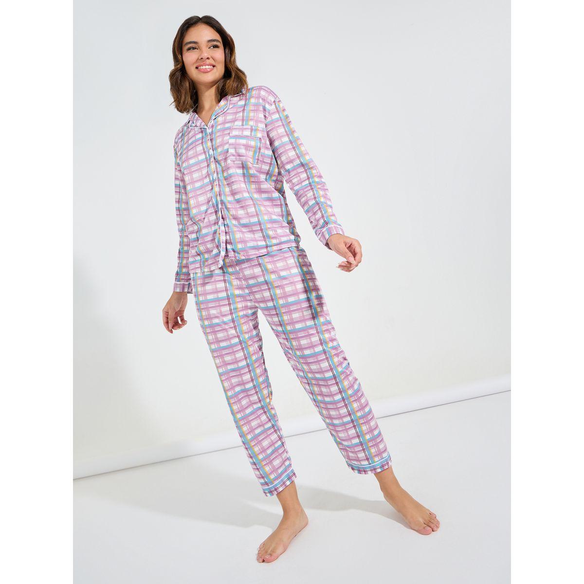 Styli Unwind Checked Piped Button Through Shirt & Pyjama Set-women-clothing-nightwear-pyjamas-longsets-image-2