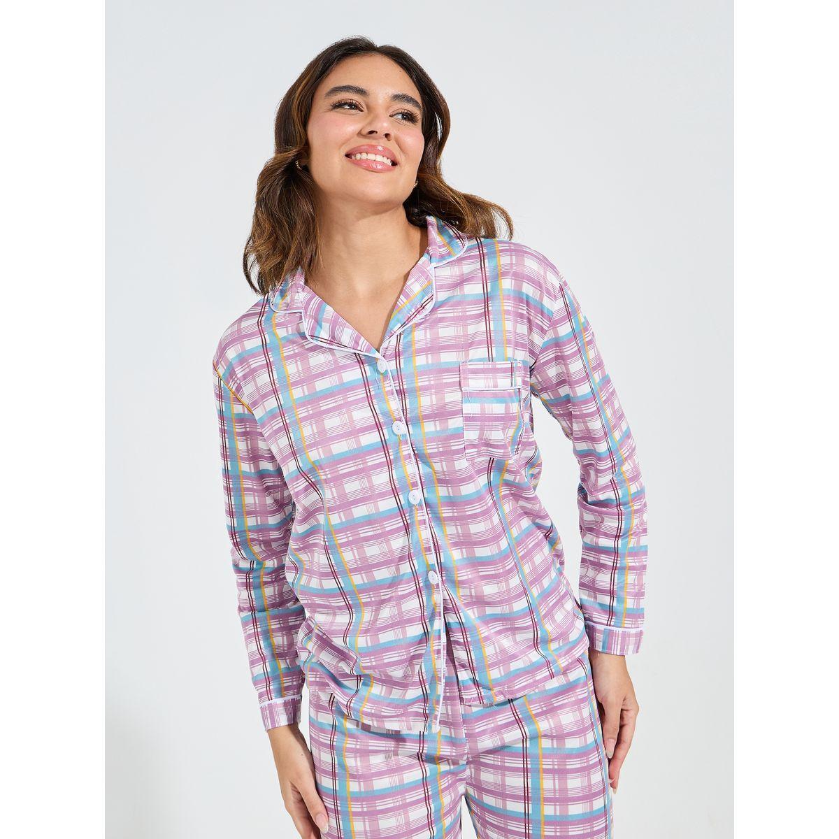 Styli Unwind Checked Piped Button Through Shirt & Pyjama Set-women-clothing-nightwear-pyjamas-longsets-image-3