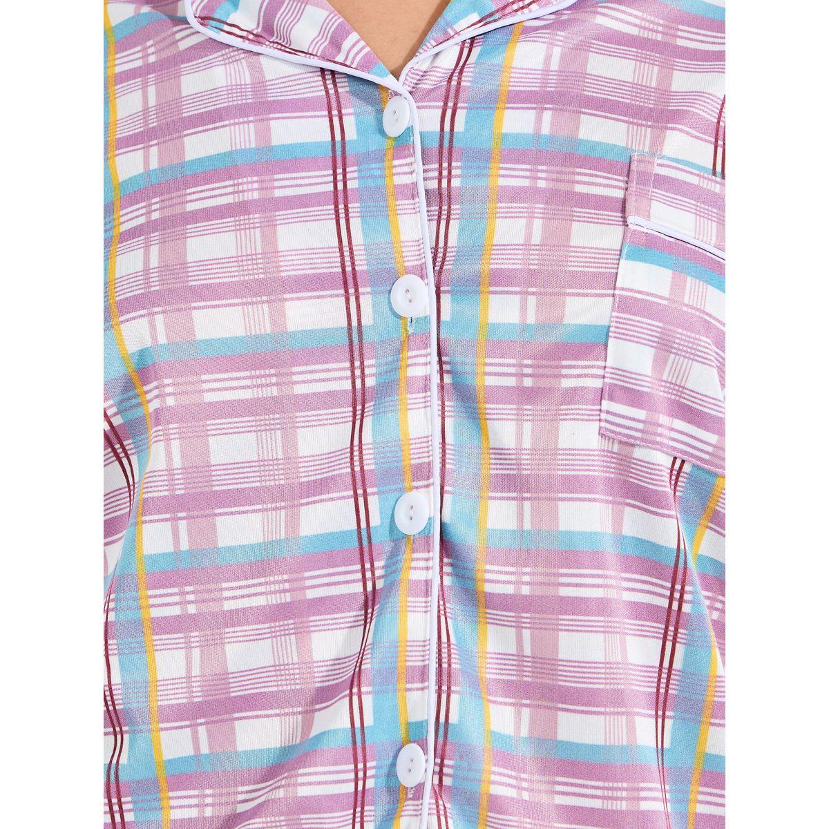 Styli Unwind Checked Piped Button Through Shirt & Pyjama Set-women-clothing-nightwear-pyjamas-longsets-image-4