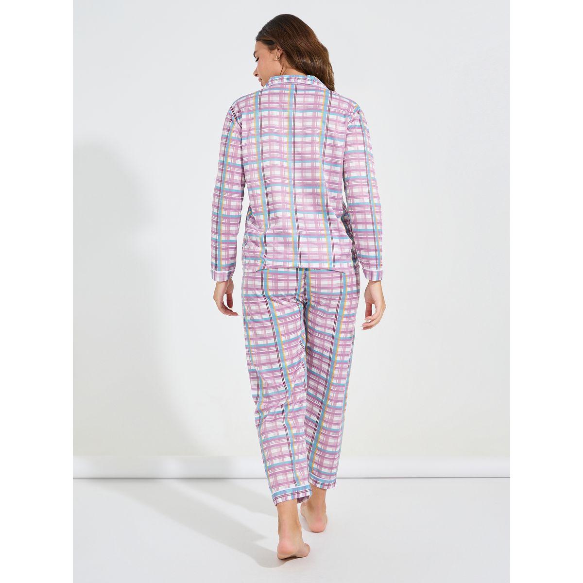 Styli Unwind Checked Piped Button Through Shirt & Pyjama Set-women-clothing-nightwear-pyjamas-longsets-image-6
