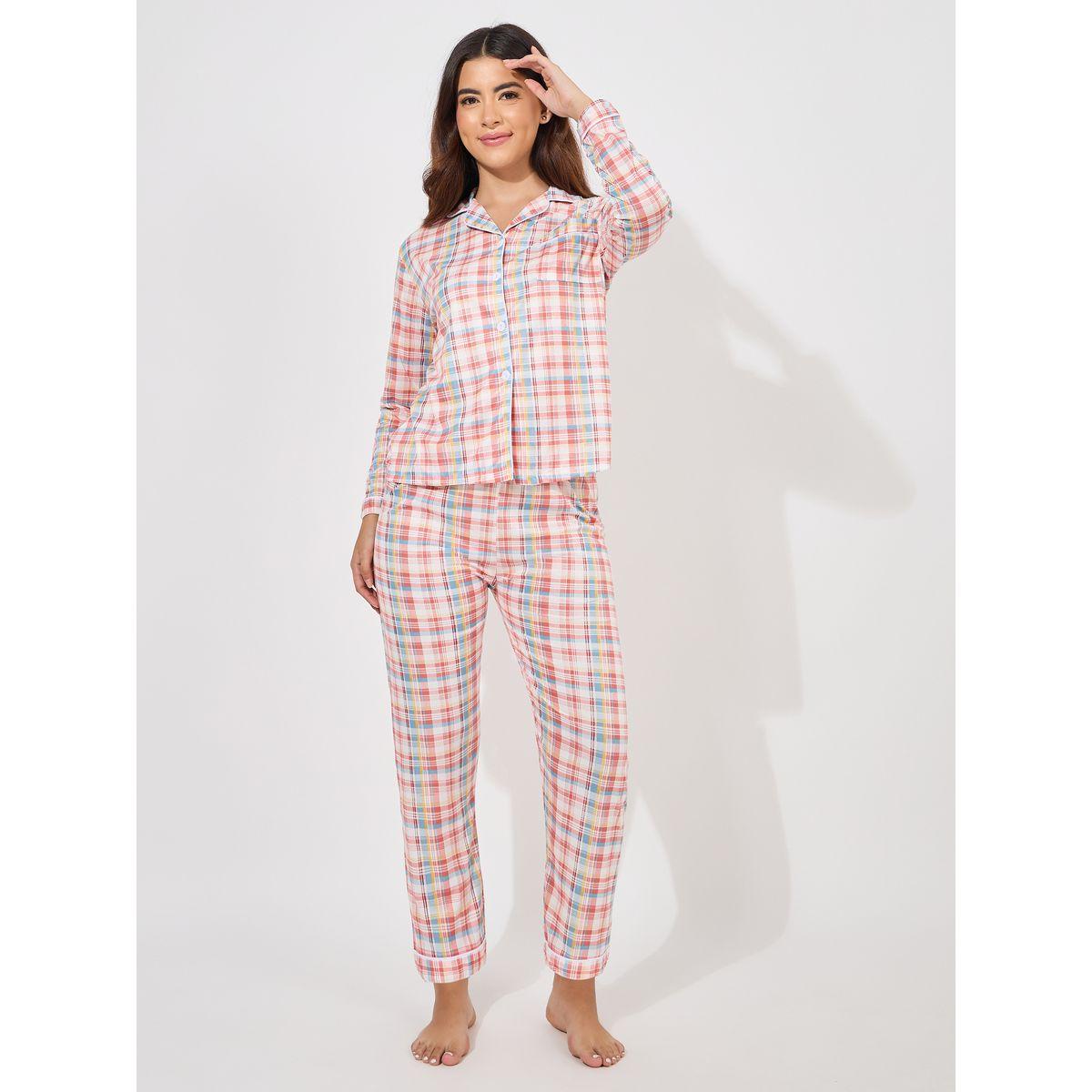 Styli Unwind Checked Piped Button Through Shirt & Pyjama Set-women-clothing-nightwear-pyjamas-longsets-image-1