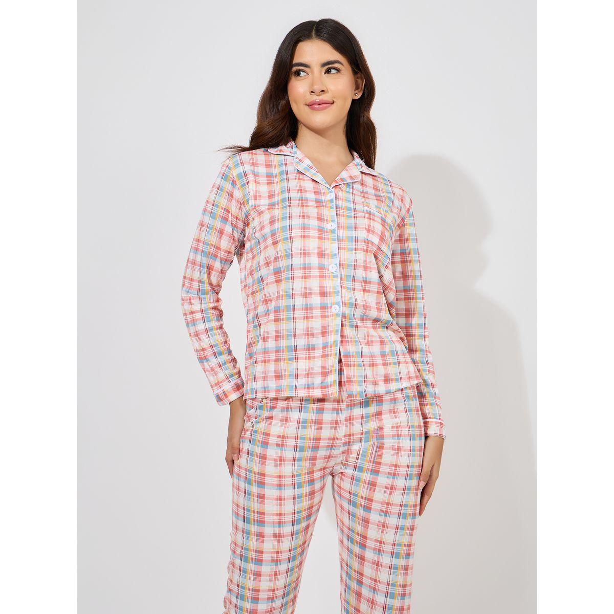 Styli Unwind Checked Piped Button Through Shirt & Pyjama Set-women-clothing-nightwear-pyjamas-longsets-image-2