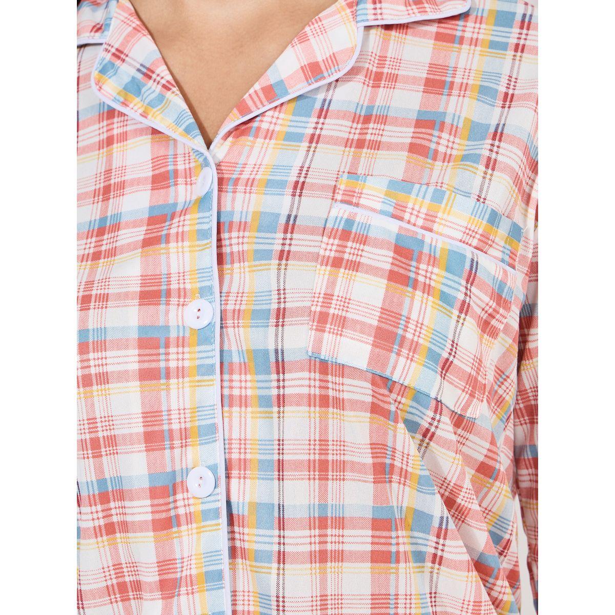 طقم من بنطال بيجاما مع بلوزة بطبعة مربعات وازرار-women-clothing-nightwear-pyjamas-longsets-image-3