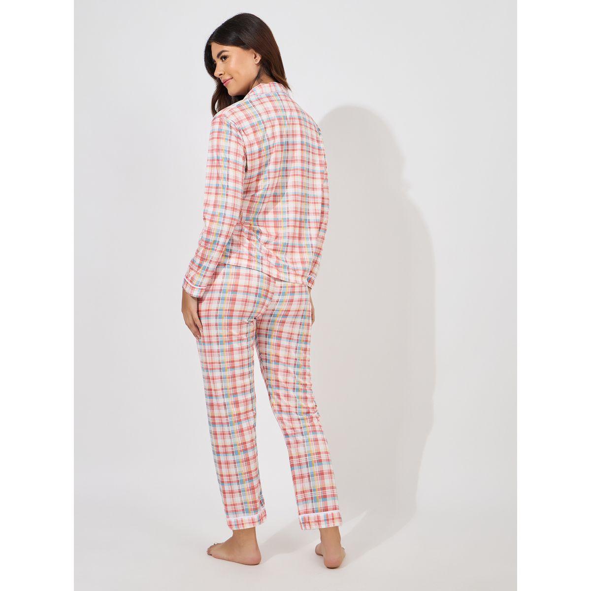 Styli Unwind Checked Piped Button Through Shirt & Pyjama Set-women-clothing-nightwear-pyjamas-longsets-image-4