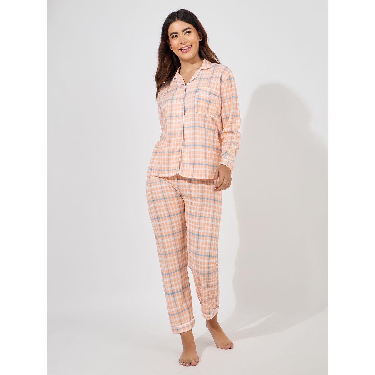 Styli Unwind Checked Piped Button Through Shirt & Pyjama Set-women-clothing-nightwear-pyjamas-longsets-image-1