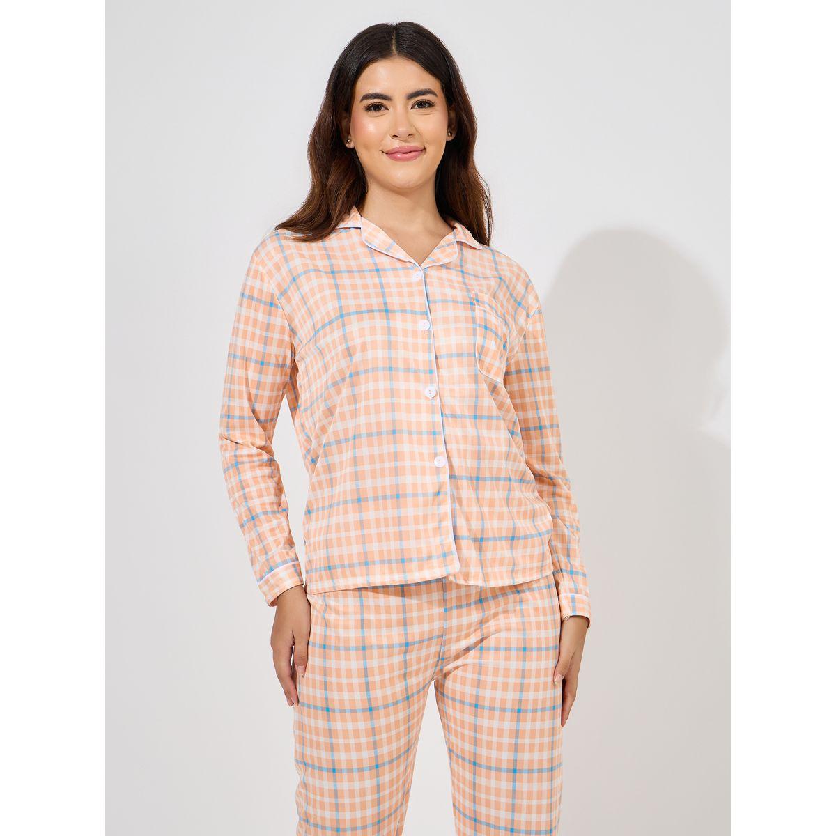 Styli Unwind Checked Piped Button Through Shirt & Pyjama Set-women-clothing-nightwear-pyjamas-longsets-image-2