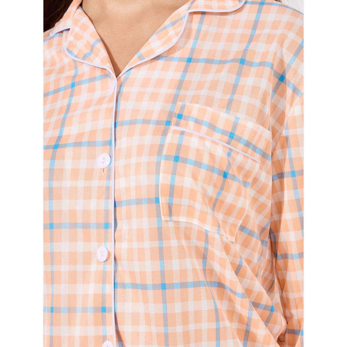 طقم من بنطال بيجاما مع بلوزة بطبعة مربعات وازرار-women-clothing-nightwear-pyjamas-longsets-image-3