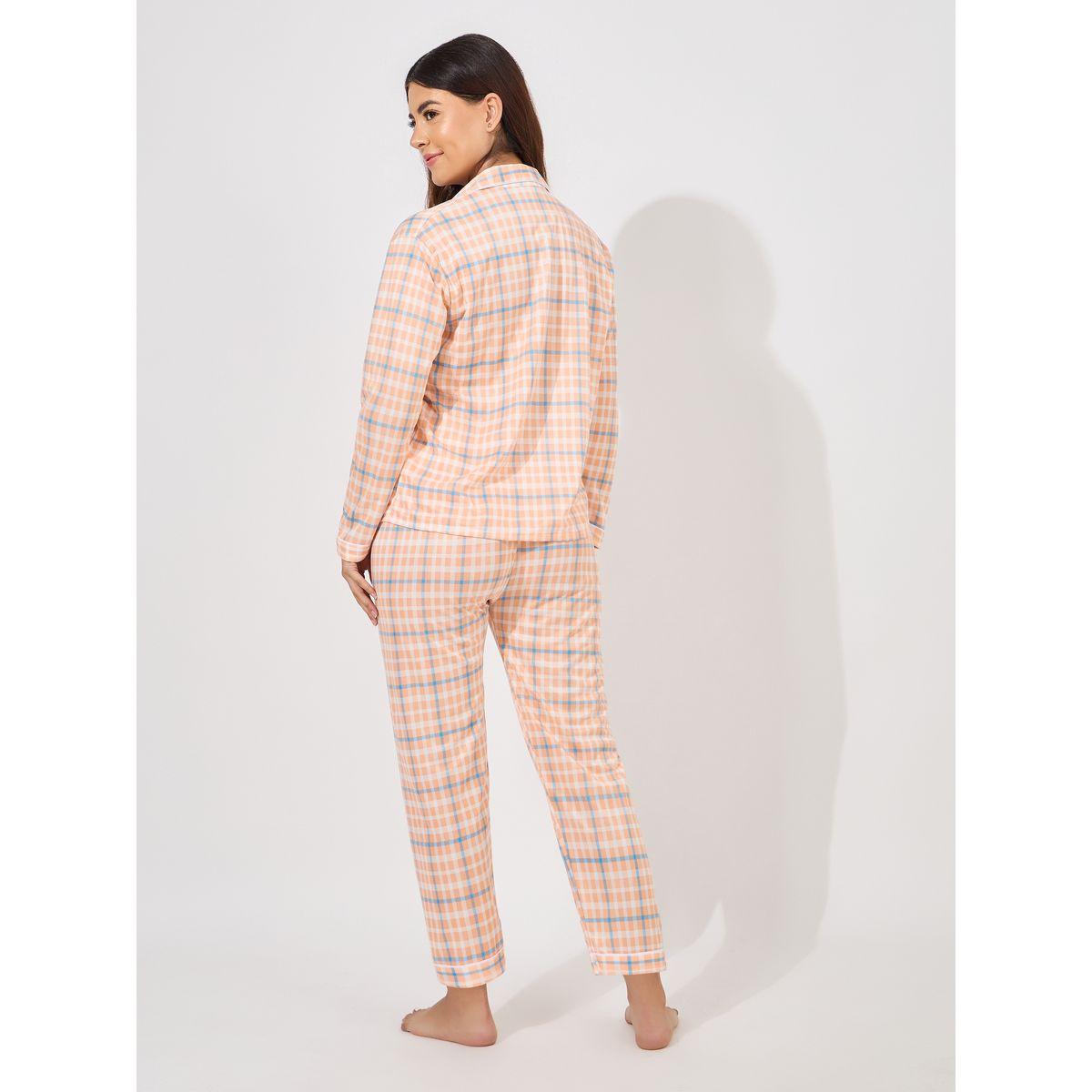 Styli Unwind Checked Piped Button Through Shirt & Pyjama Set-women-clothing-nightwear-pyjamas-longsets-image-4