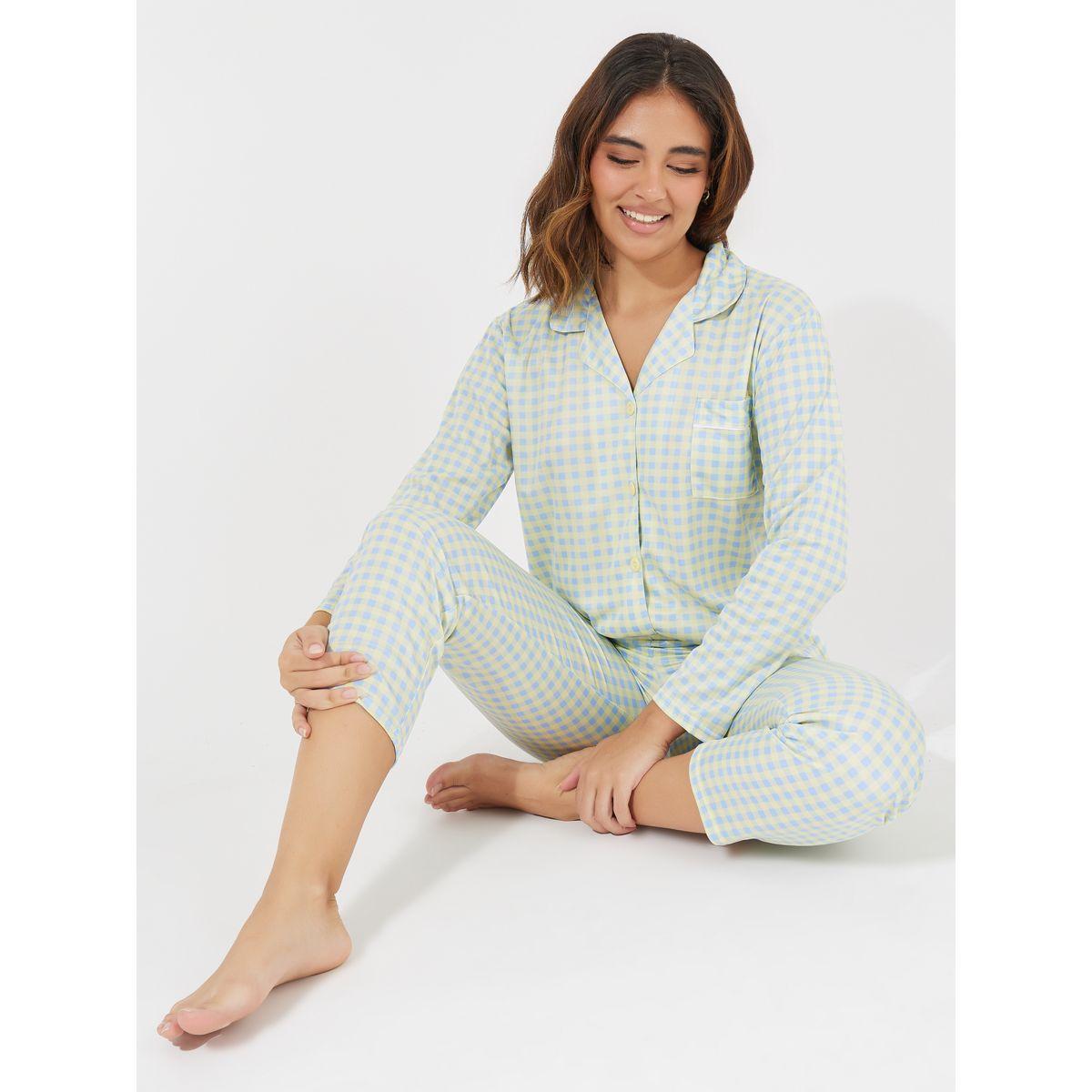 Styli Unwind Gingham Piped Button Through Shirt & Pyjama Set-women-clothing-nightwear-pyjamas-longsets-image-1