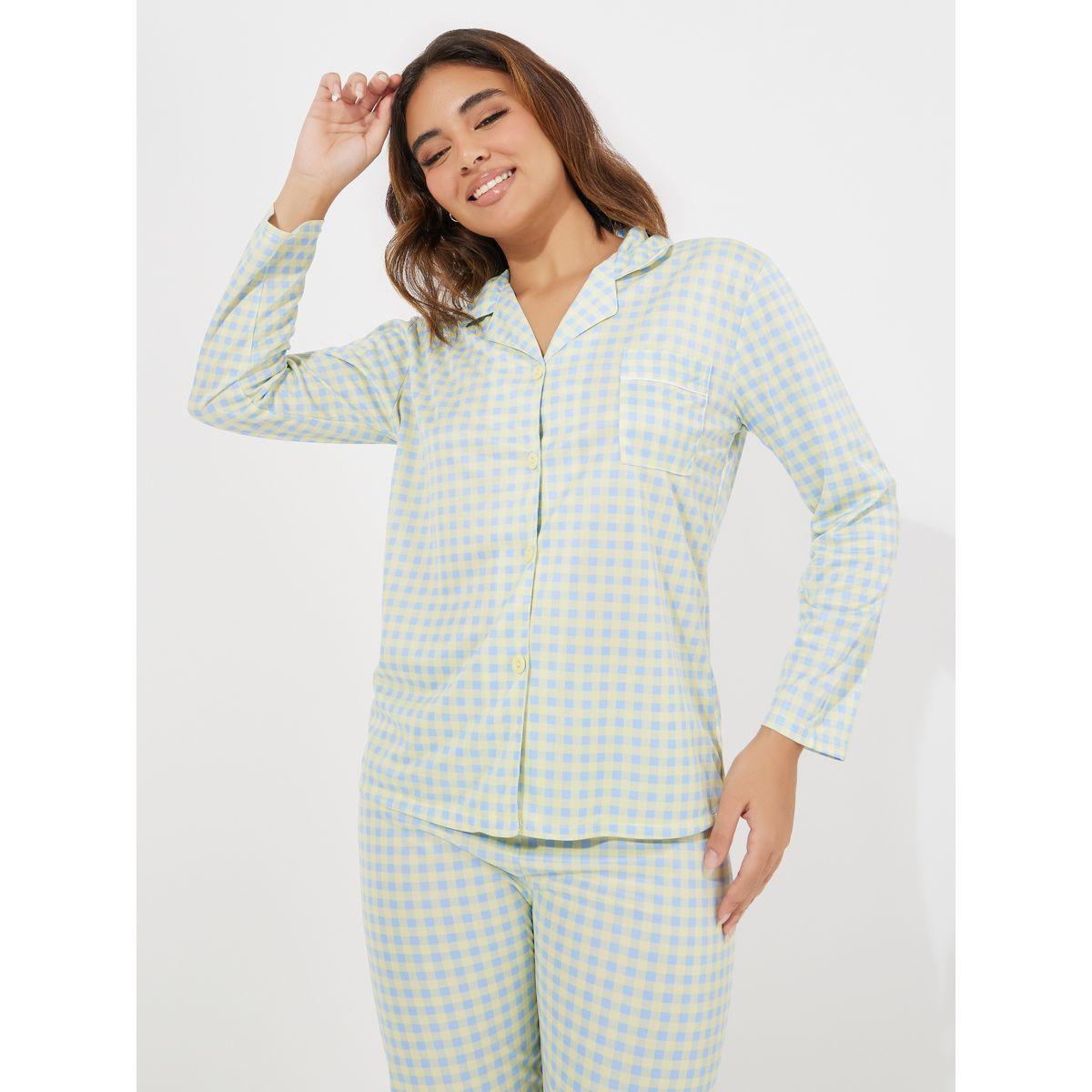 Styli Unwind Gingham Piped Button Through Shirt & Pyjama Set-women-clothing-nightwear-pyjamas-longsets-image-3