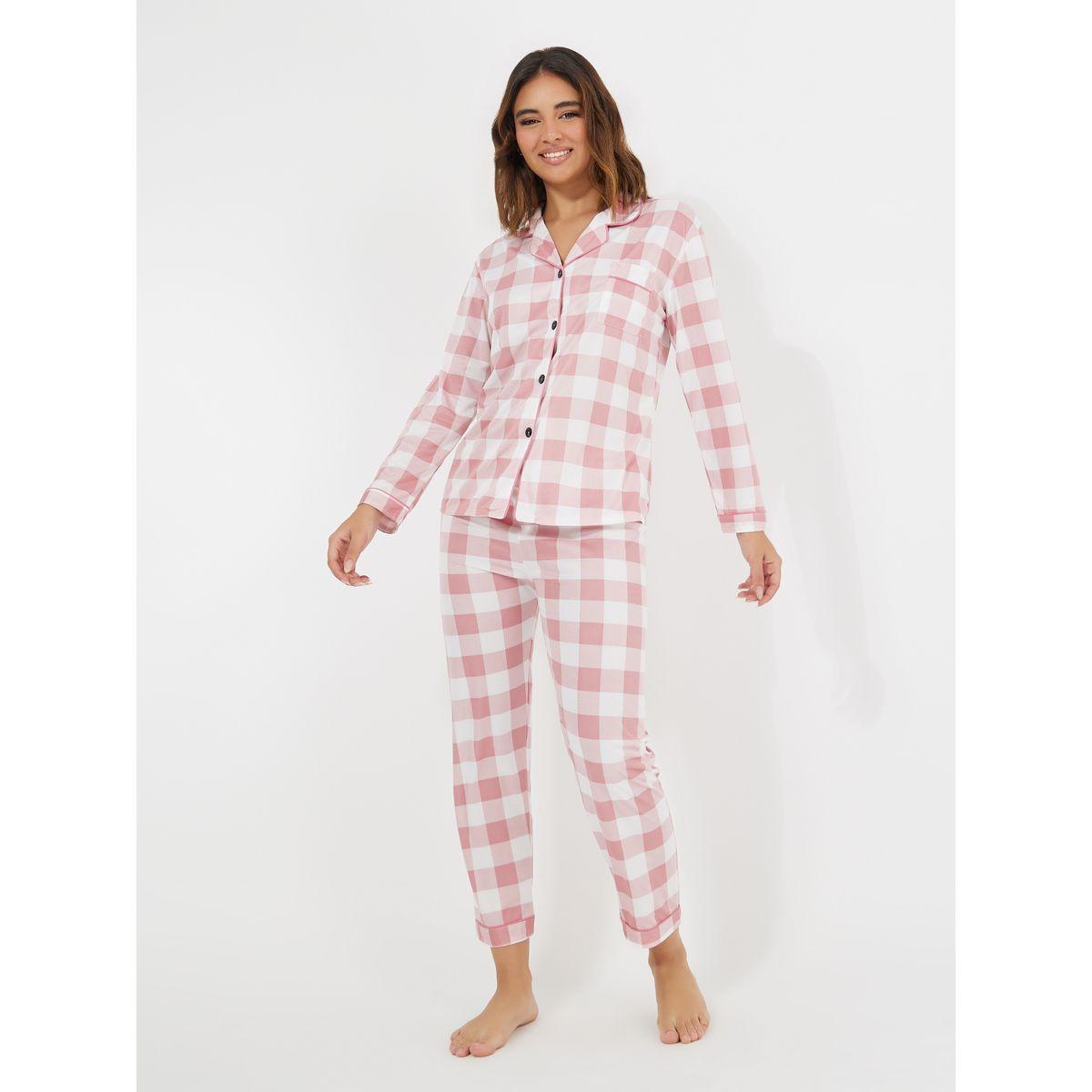 Styli Unwind Gingham Piped Button Through Shirt & Pyjama Set-women-clothing-nightwear-pyjamas-longsets-image-1