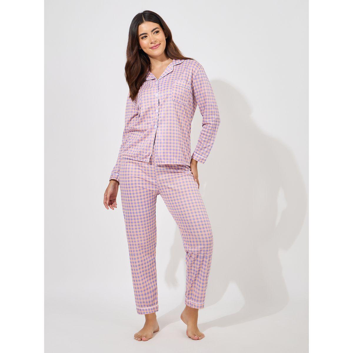 طقم من بنطال بيجاما مع بلوزة جينغام بازرار غلق-women-clothing-nightwear-pyjamas-longsets-image-1
