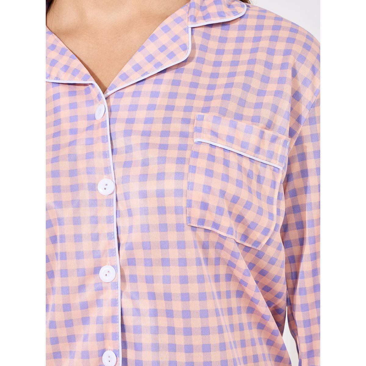 طقم من بنطال بيجاما مع بلوزة جينغام بازرار غلق-women-clothing-nightwear-pyjamas-longsets-image-3