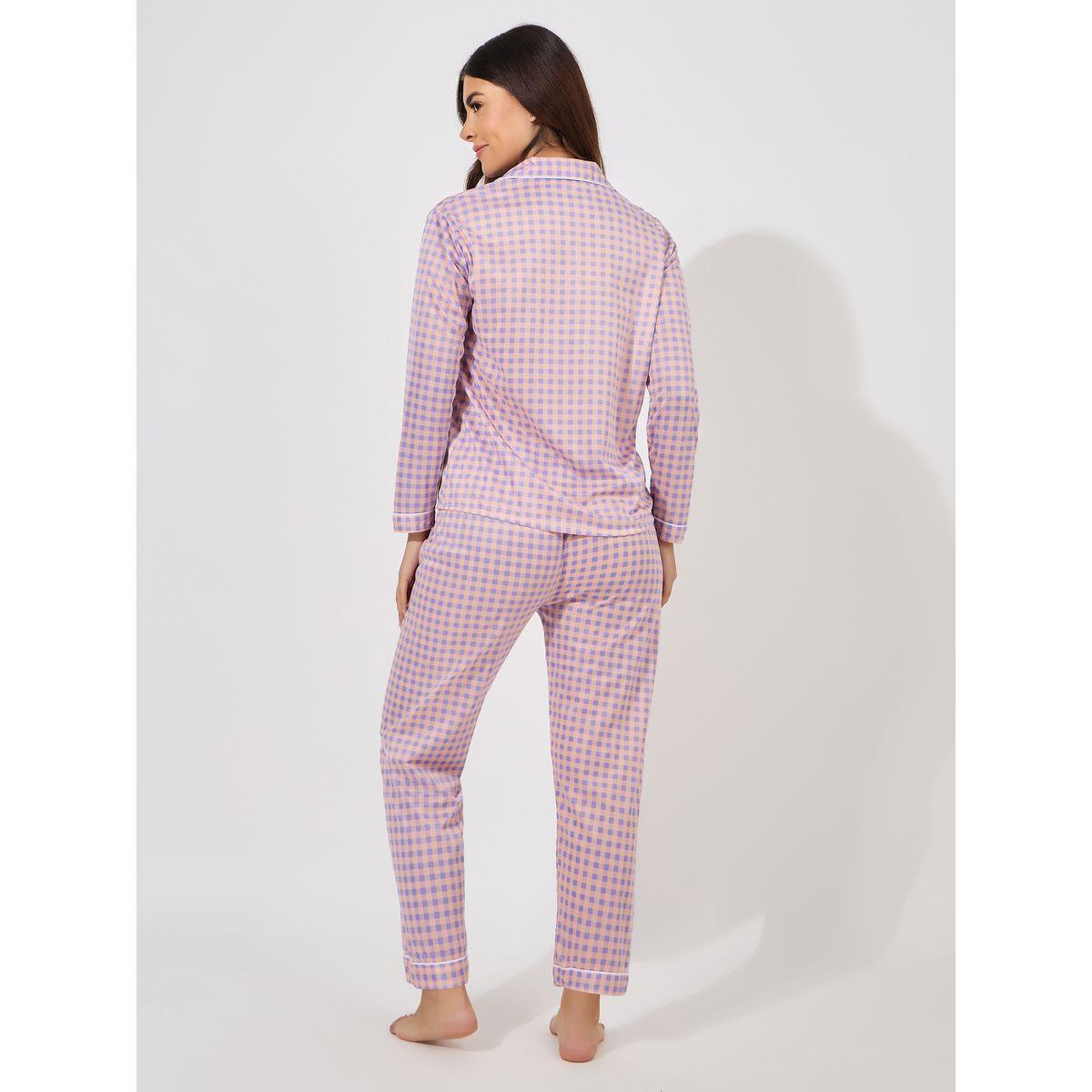 Styli Unwind Gingham Piped Button Through Shirt & Pyjama Set-women-clothing-nightwear-pyjamas-longsets-image-4