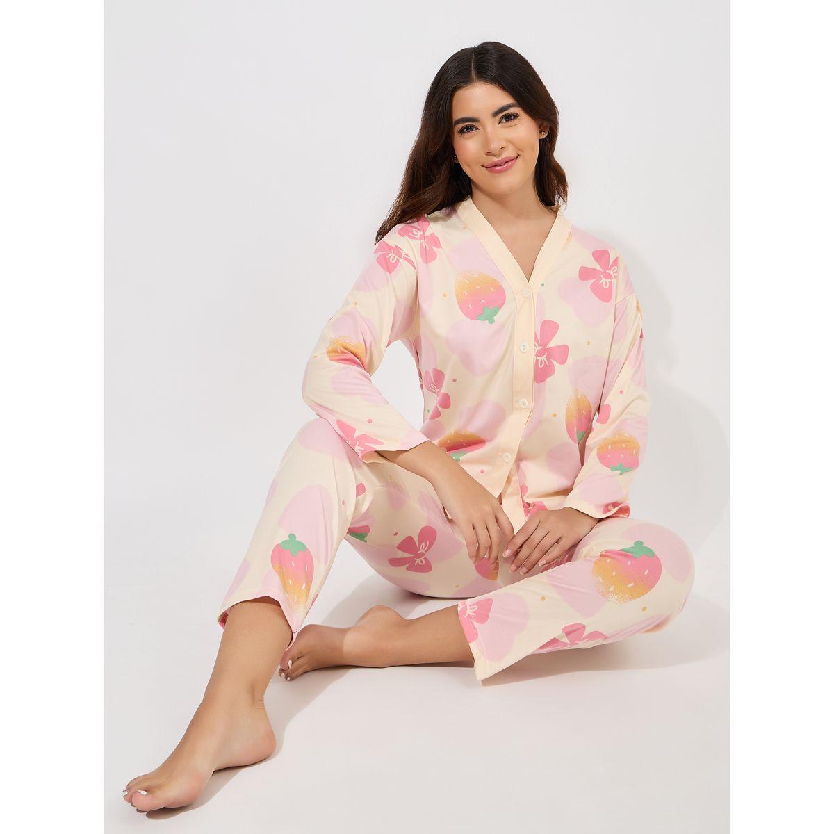 Styli Unwind AOP Conversational Collarless Shirt & Pyjama Set-women-clothing-nightwear-pyjamas-longsets-image-1