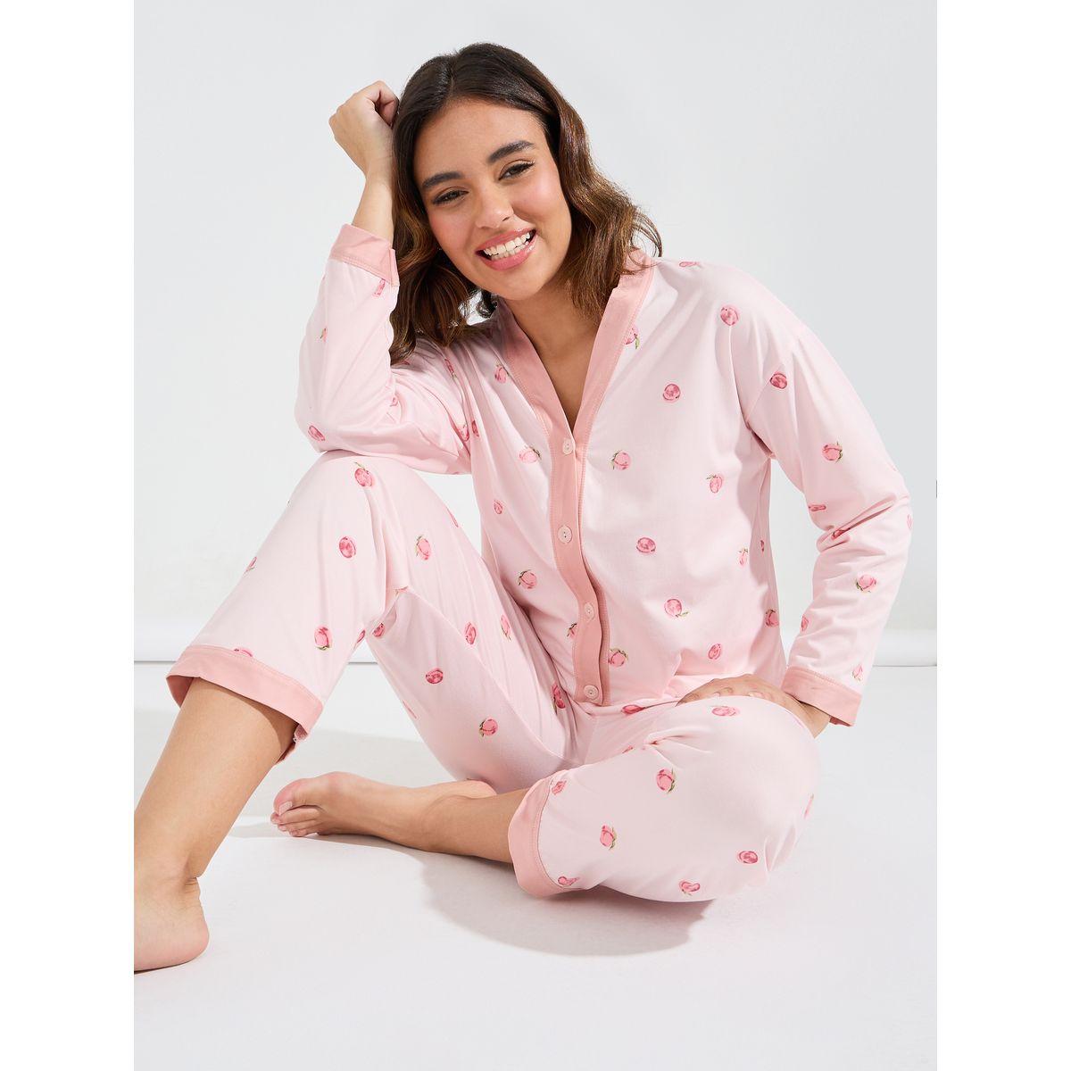 Styli Unwind AOP Peach Collarless Contrast Edge Shirt & Pyjama Set-women-clothing-nightwear-pyjamas-longsets-image-1