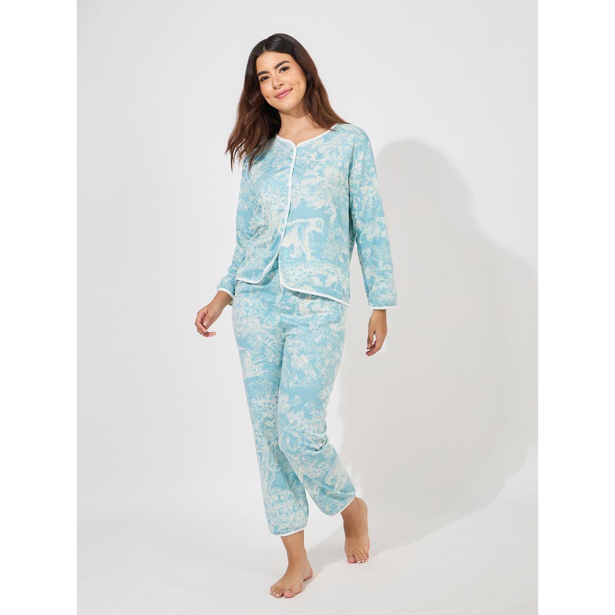 Styli Unwind AOP Floral Scene Contrast Edge Collarless Shirt & Pyjama Set-women-clothing-nightwear-pyjamas-longsets-image-1