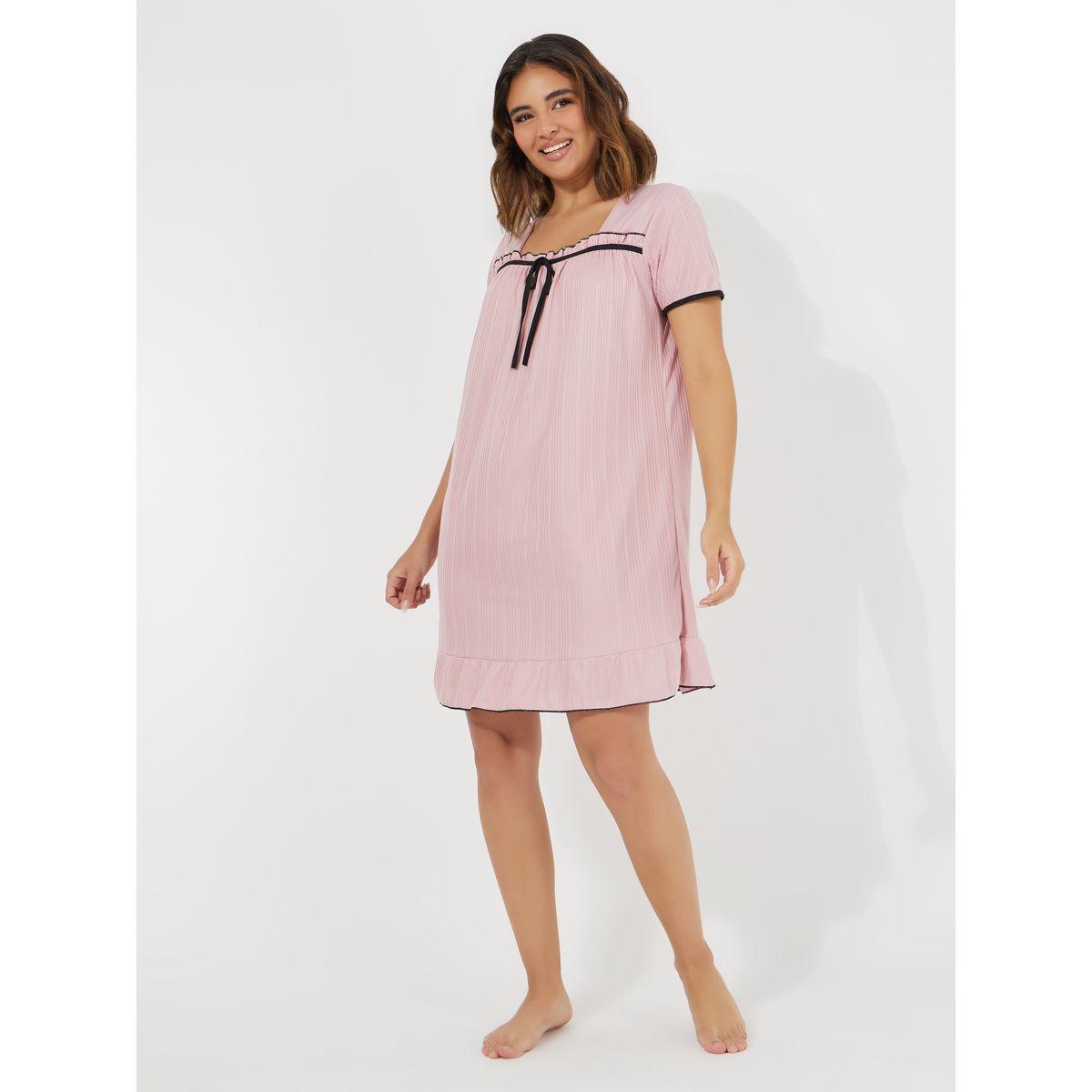 Styli Unwind Gathered Contrast Piping Ruffled Hem Short Nightdress-women-clothing-nightwear-nighties-image-2