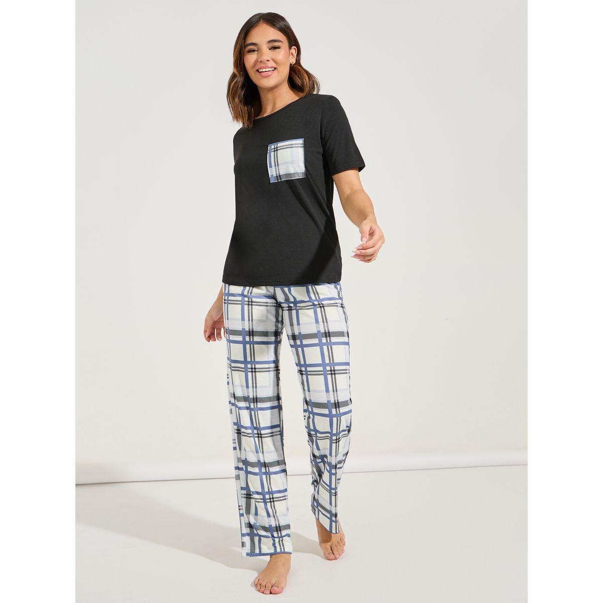 Styli Unwind Check Printed Pocket T-Shirt & Pyjama Set-women-clothing-nightwear-pyjamas-longsets-image-1