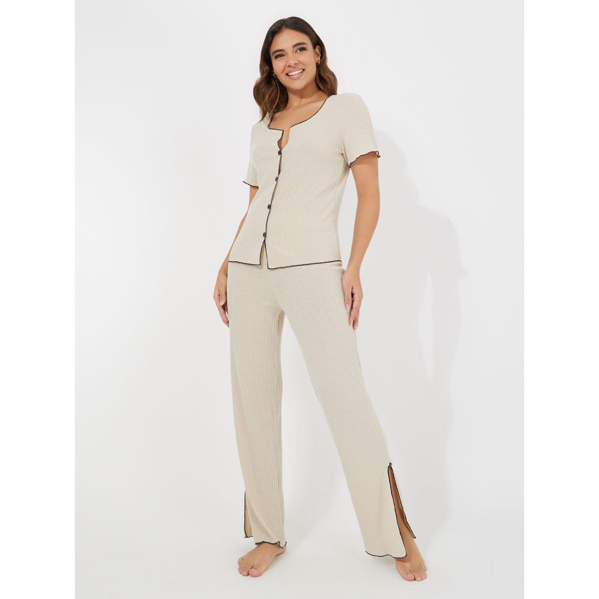 Styli Unwind Rib Button Down Contrast Edge Shirt & Side Slit Pyjama Set-women-clothing-nightwear-pyjamas-longsets-image-1